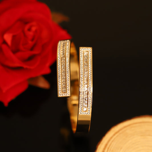 Modern Open Cuff Gold Bangle with Pave Crystal Bars - Statement Bracelet