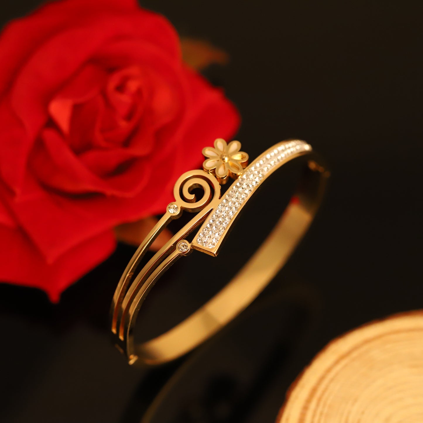 Modern Gold Geometric Bangle with Crystal Accent - Polished Bracelet