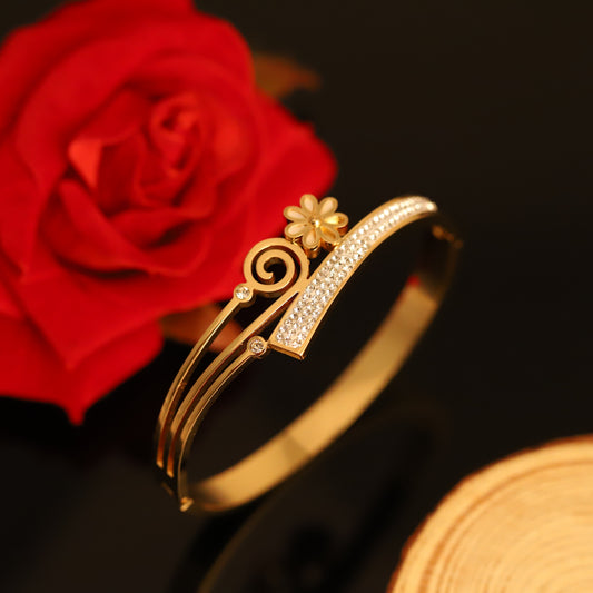 Modern Gold Geometric Bangle with Crystal Accent - Polished Bracelet