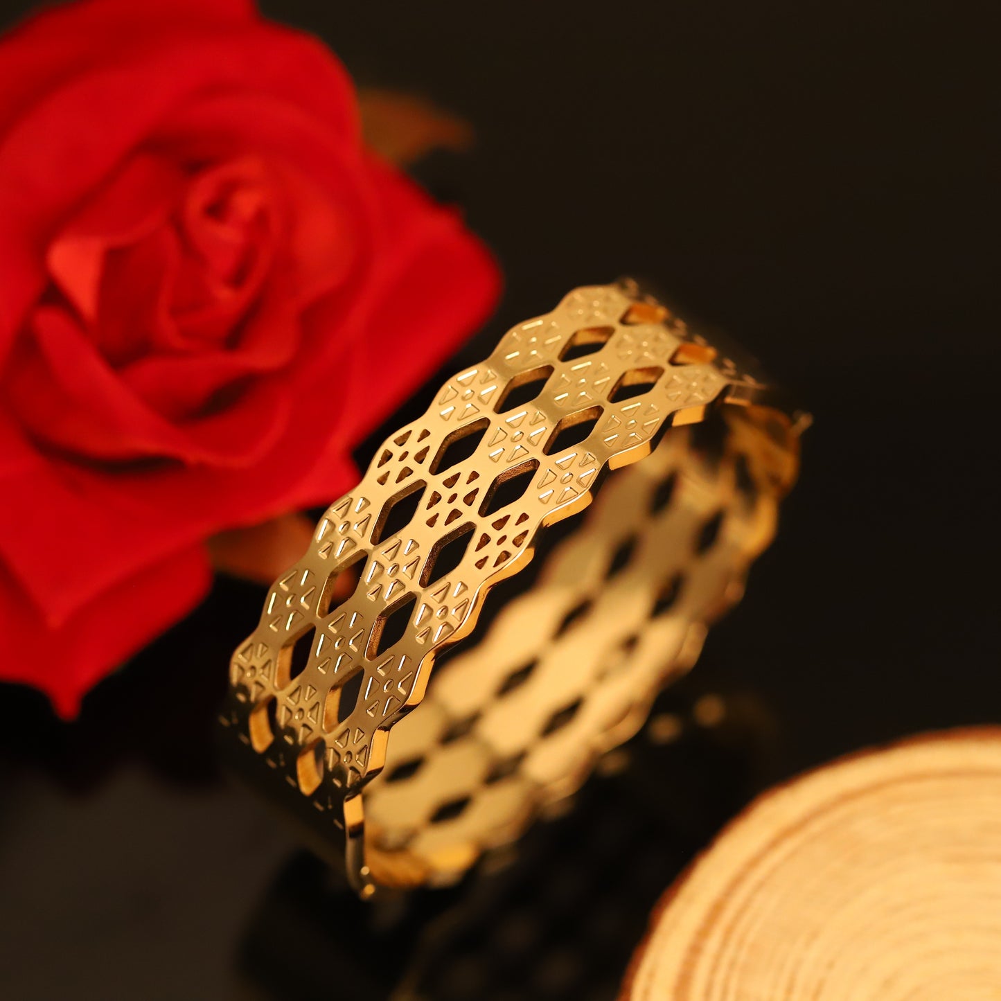 Wide Gold Bangle with Diamond Pattern Cutouts - Modern Statement Bracelet