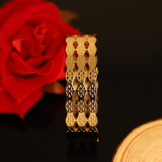 Wide Gold Bangle with Diamond Pattern Cutouts - Modern Statement Bracelet