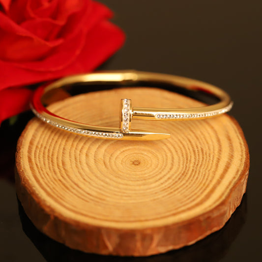 Gold Nail Bangle with Crystal Accents - Modern Industrial Bracelet