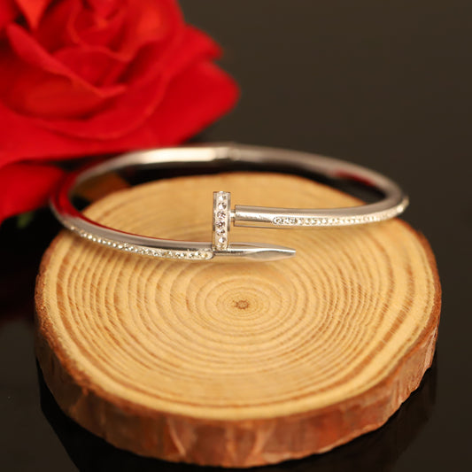 Silver-Toned Nail Bangle with Crystal Accents - Modern Industrial Bracelet