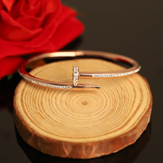 Rose Gold Nail Bangle with Crystal Accents - Modern Industrial Bracelet