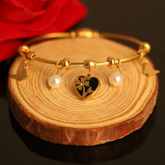 Gold Charm Bangle with Heart, Pearl & Butterfly - Beaded Charm Bracelet