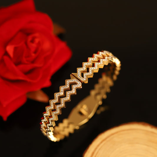 Modern Gold Geometric Bangle with Crystal Accent - Polished Bracelet