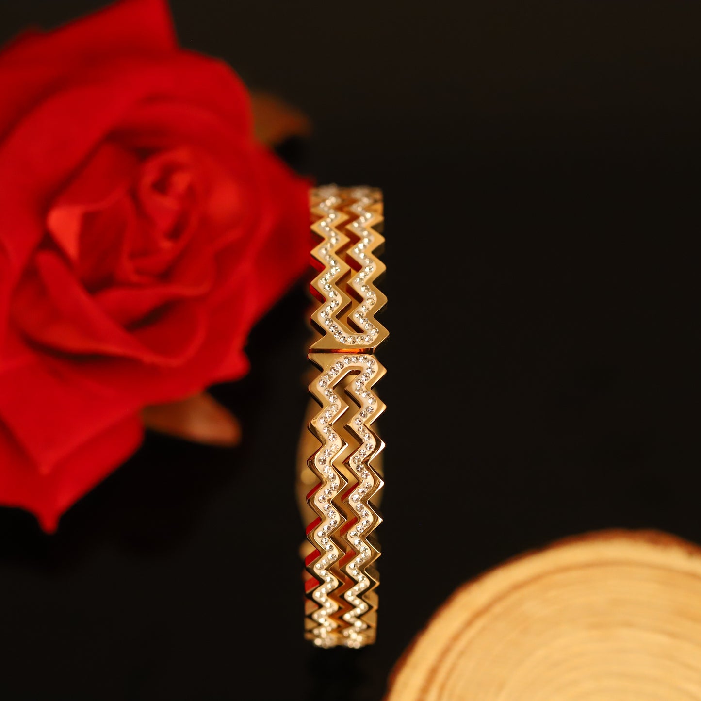 Modern Gold Geometric Bangle with Crystal Accent - Polished Bracelet
