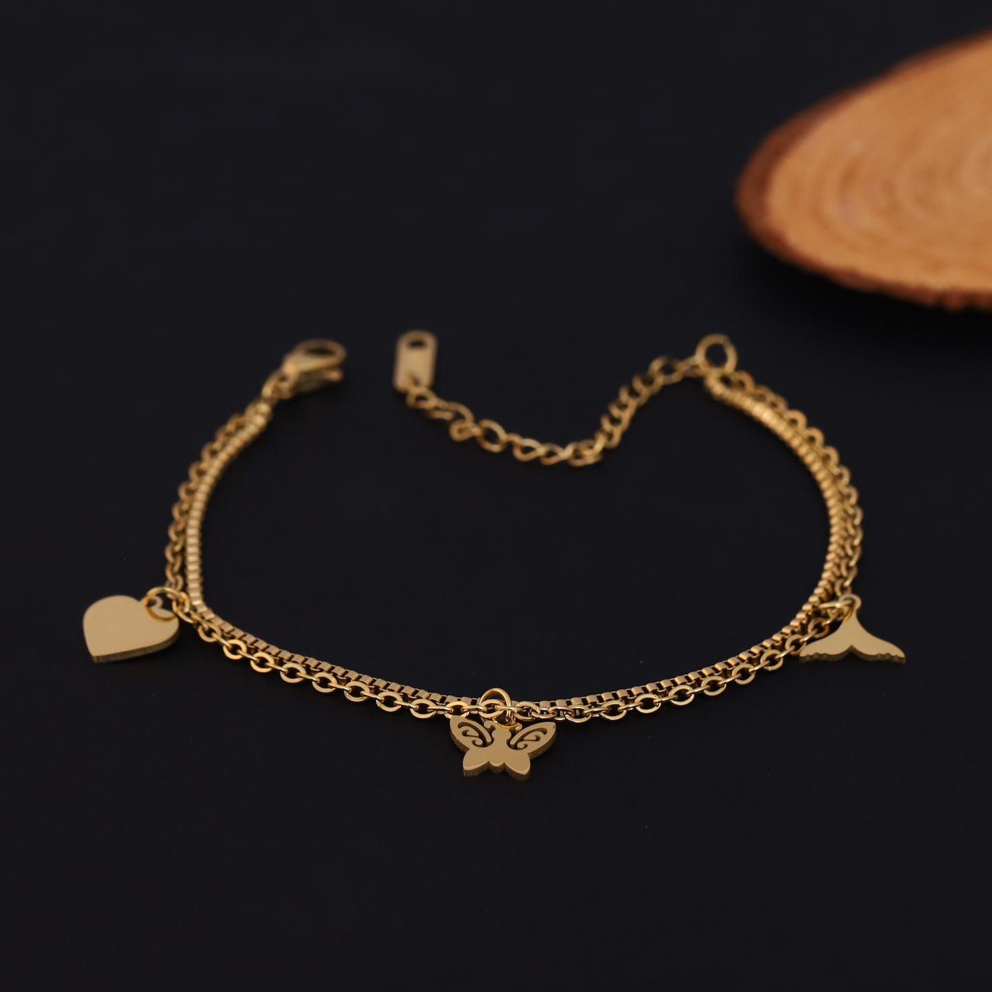 Gold Layered Charm Bracelet - Heart, Butterfly, & Mermaid Tail Jewelry