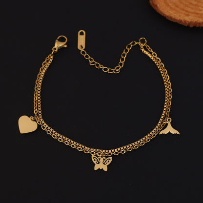 Gold Layered Charm Bracelet - Heart, Butterfly, & Mermaid Tail Jewelry