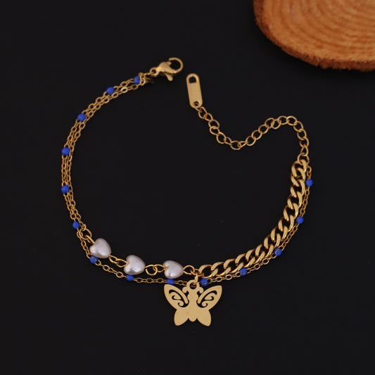 Gold Layered Butterfly Bracelet - Heart & Blue Bead Charm Jewelry