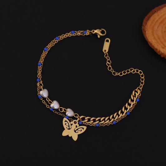 Gold Layered Butterfly Bracelet - Heart & Blue Bead Charm Jewelry