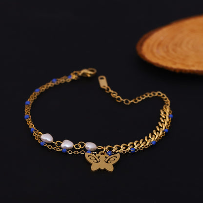 Gold Layered Butterfly Bracelet - Heart & Blue Bead Charm Jewelry