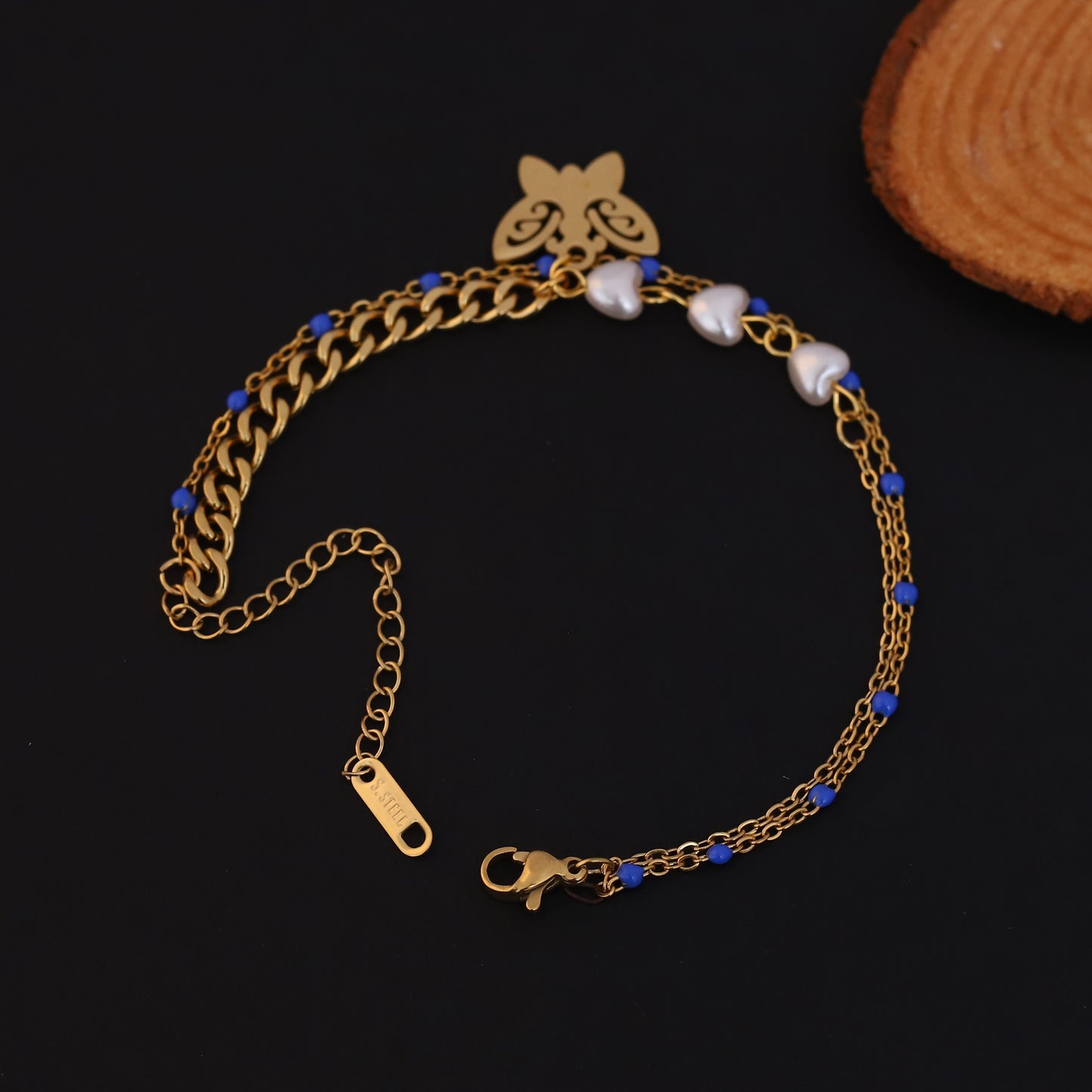 Gold Layered Butterfly Bracelet - Heart & Blue Bead Charm Jewelry