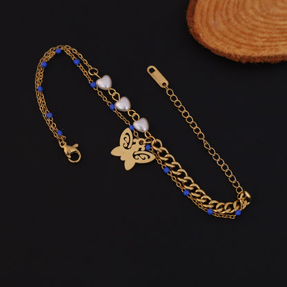 Gold Layered Butterfly Bracelet - Heart & Blue Bead Charm Jewelry