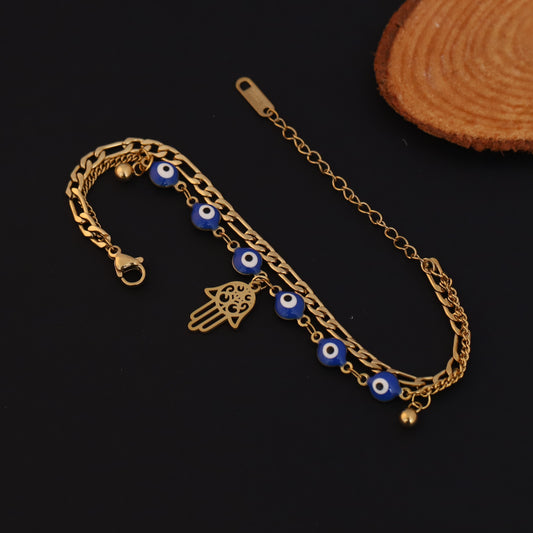 Gold Layered Evil Eye & Hamsa Hand Bracelet - Protection & Luck Jewelry
