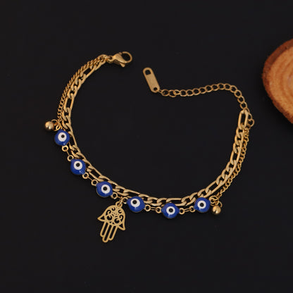 Gold Layered Evil Eye & Hamsa Hand Bracelet - Protection & Luck Jewelry