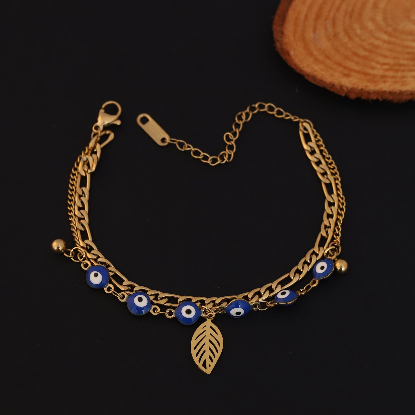 Gold Layered Evil Eye & Leaf Bracelet - Protection Charm Jewelry