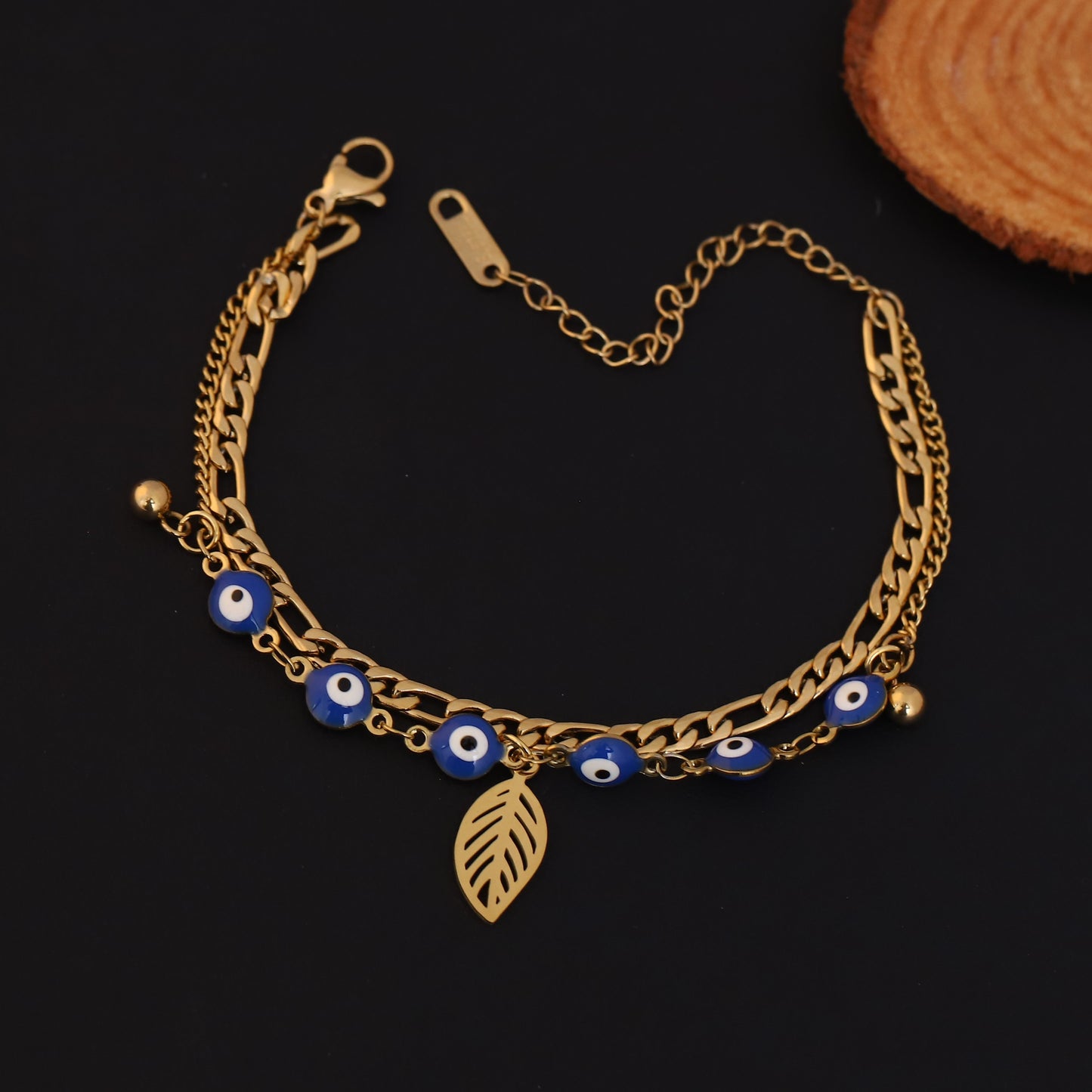 Gold Layered Evil Eye & Leaf Bracelet - Protection Charm Jewelry