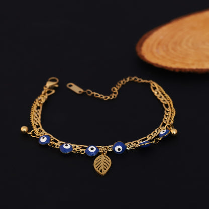 Gold Layered Evil Eye & Leaf Bracelet - Protection Charm Jewelry