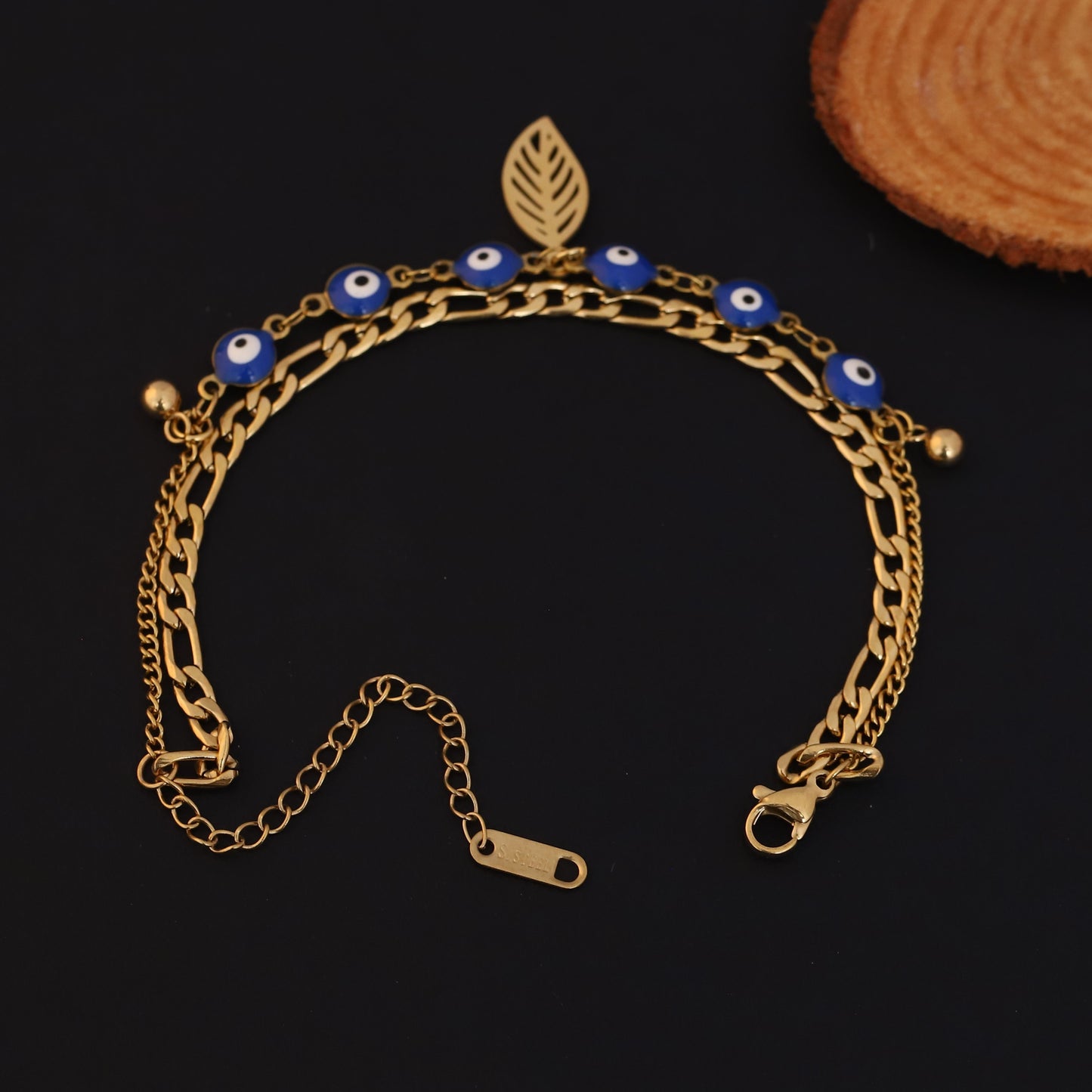 Gold Layered Evil Eye & Leaf Bracelet - Protection Charm Jewelry