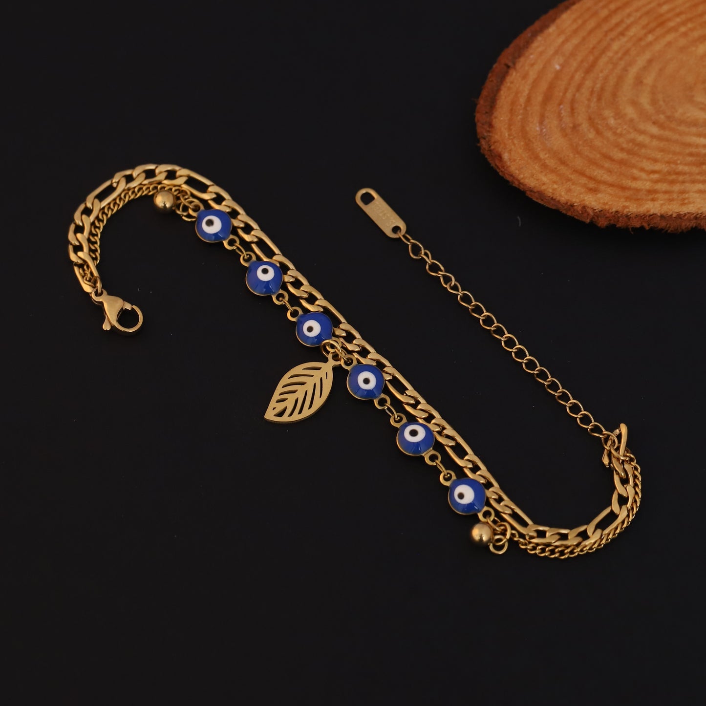 Gold Layered Evil Eye & Leaf Bracelet - Protection Charm Jewelry