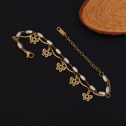 Gold Layered Butterfly & Pearl Bracelet - Elegant Dainty Charm Jewelry