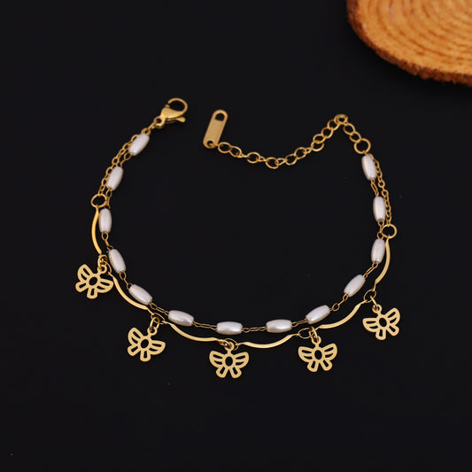 Gold Layered Butterfly & Pearl Bracelet - Elegant Dainty Charm Jewelry