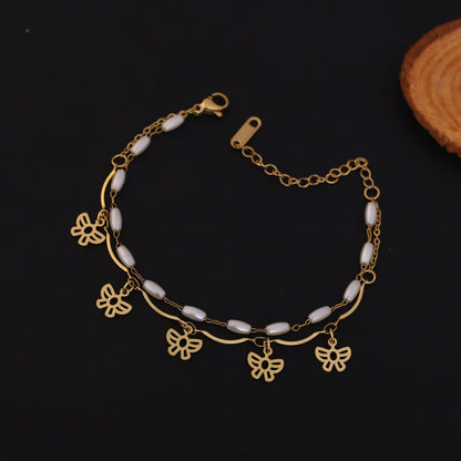 Gold Layered Butterfly & Pearl Bracelet - Elegant Dainty Charm Jewelry