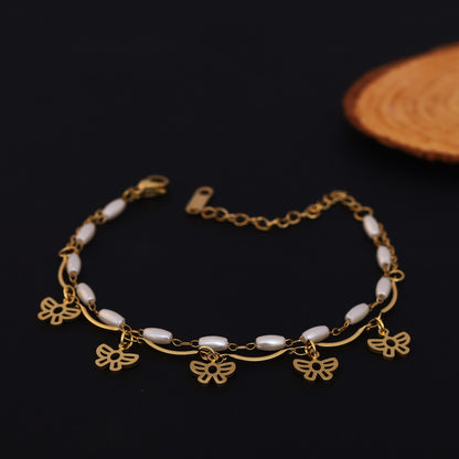 Gold Layered Butterfly & Pearl Bracelet - Elegant Dainty Charm Jewelry