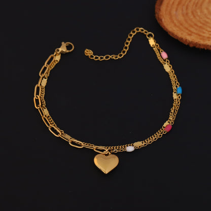 Gold Layered Heart Charm Bracelet - Colorful Enamel Bead Dainty Jewelry