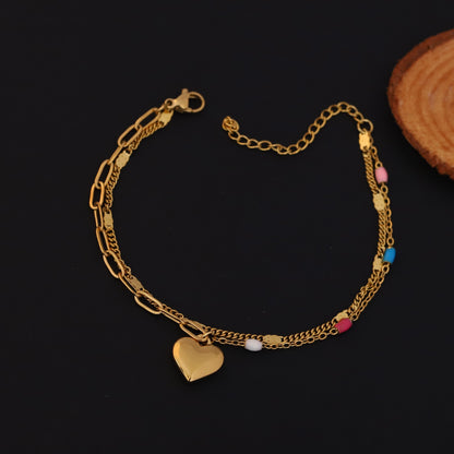 Gold Layered Heart Charm Bracelet - Colorful Enamel Bead Dainty Jewelry
