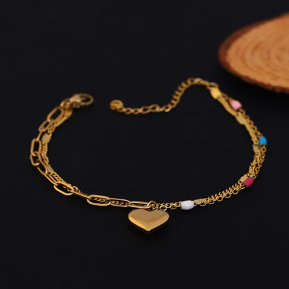 Gold Layered Heart Charm Bracelet - Colorful Enamel Bead Dainty Jewelry