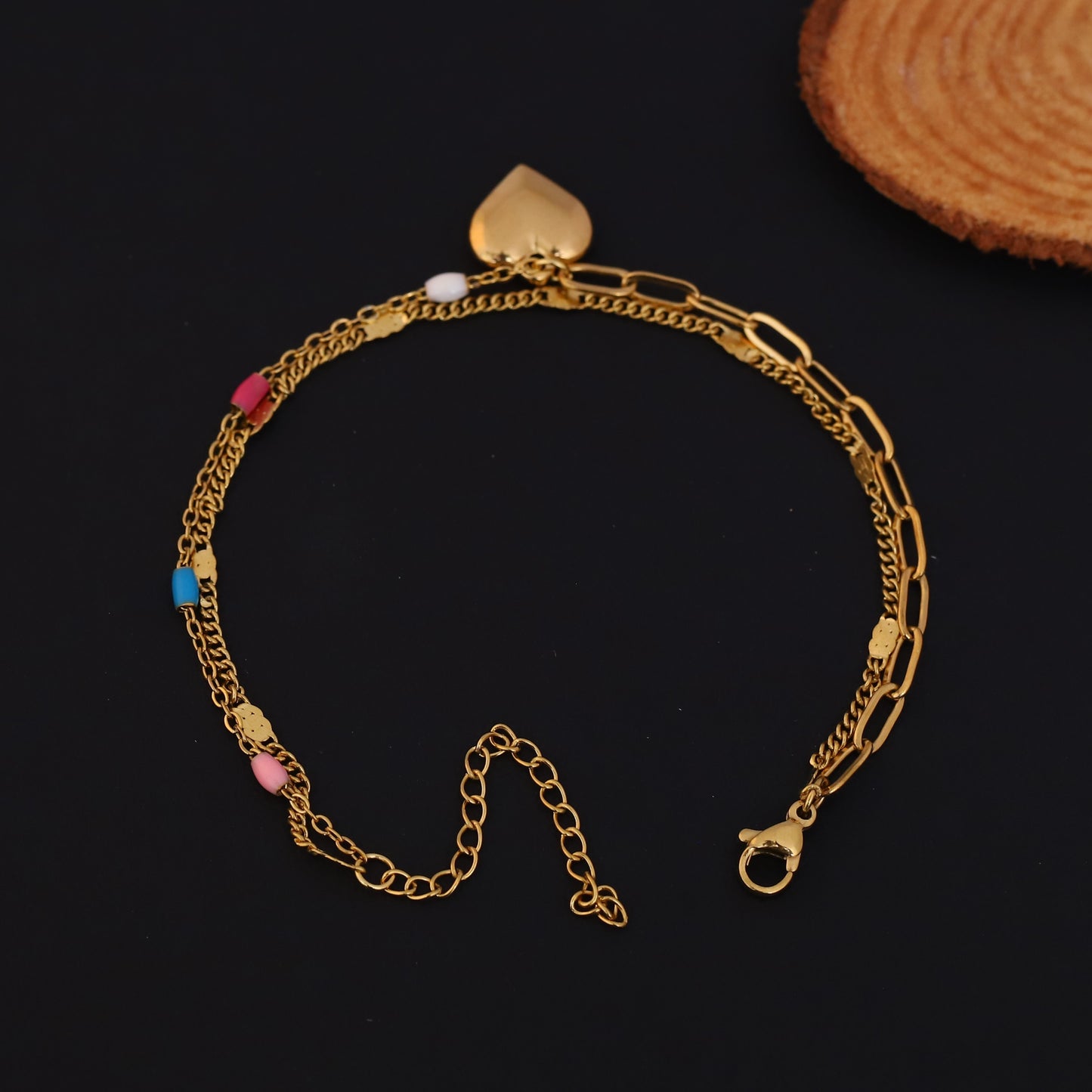Gold Layered Heart Charm Bracelet - Colorful Enamel Bead Dainty Jewelry