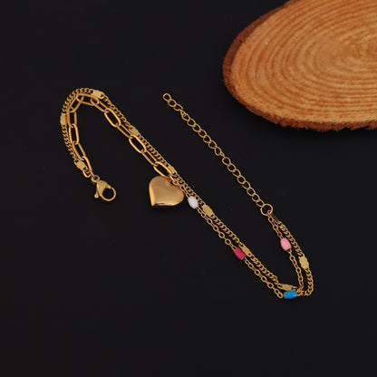 Gold Layered Heart Charm Bracelet - Colorful Enamel Bead Dainty Jewelry