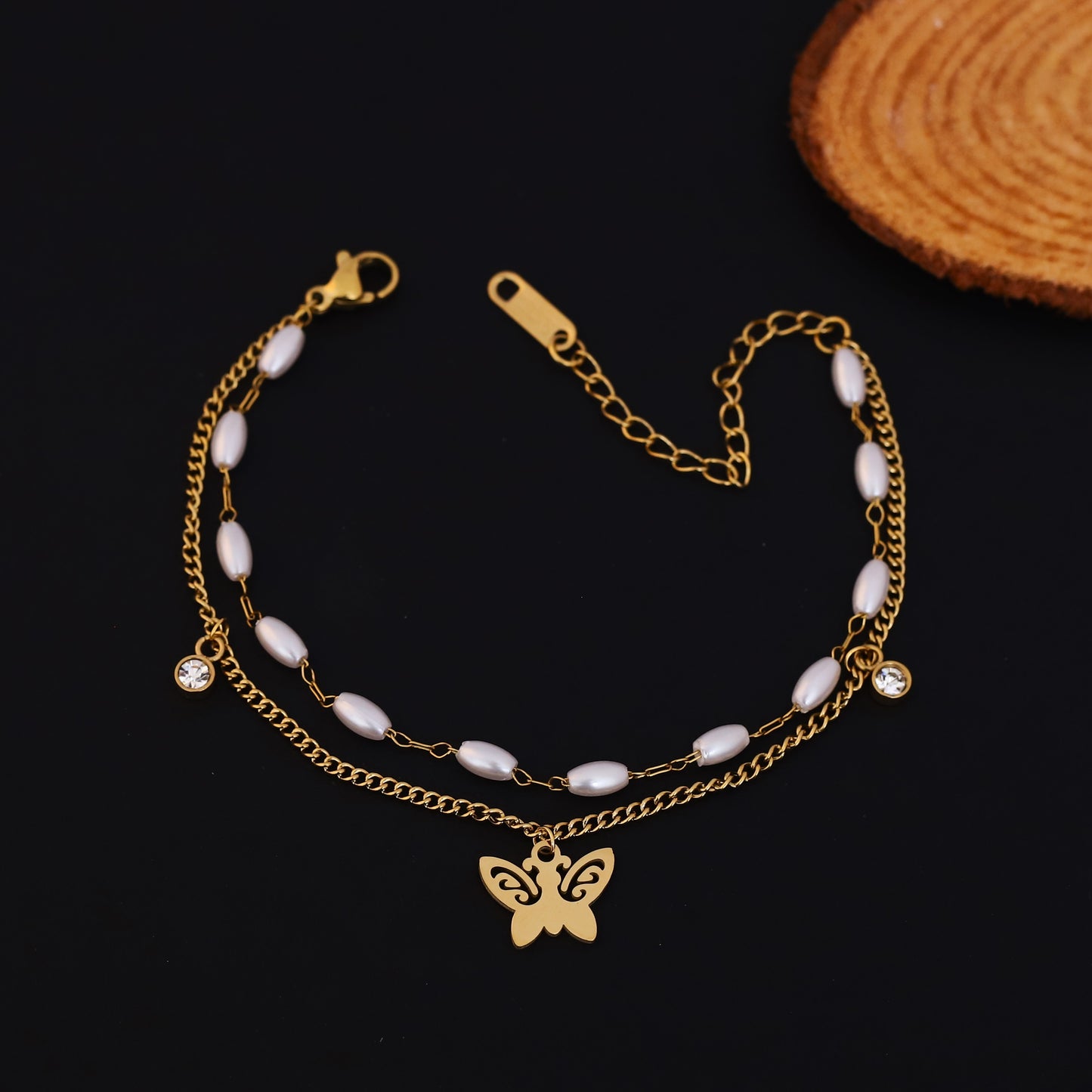 Gold Layered Butterfly, Pearl & Crystal Bracelet - Elegant Dainty Jewelry