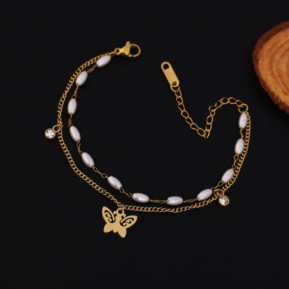 Gold Layered Butterfly, Pearl & Crystal Bracelet - Elegant Dainty Jewelry