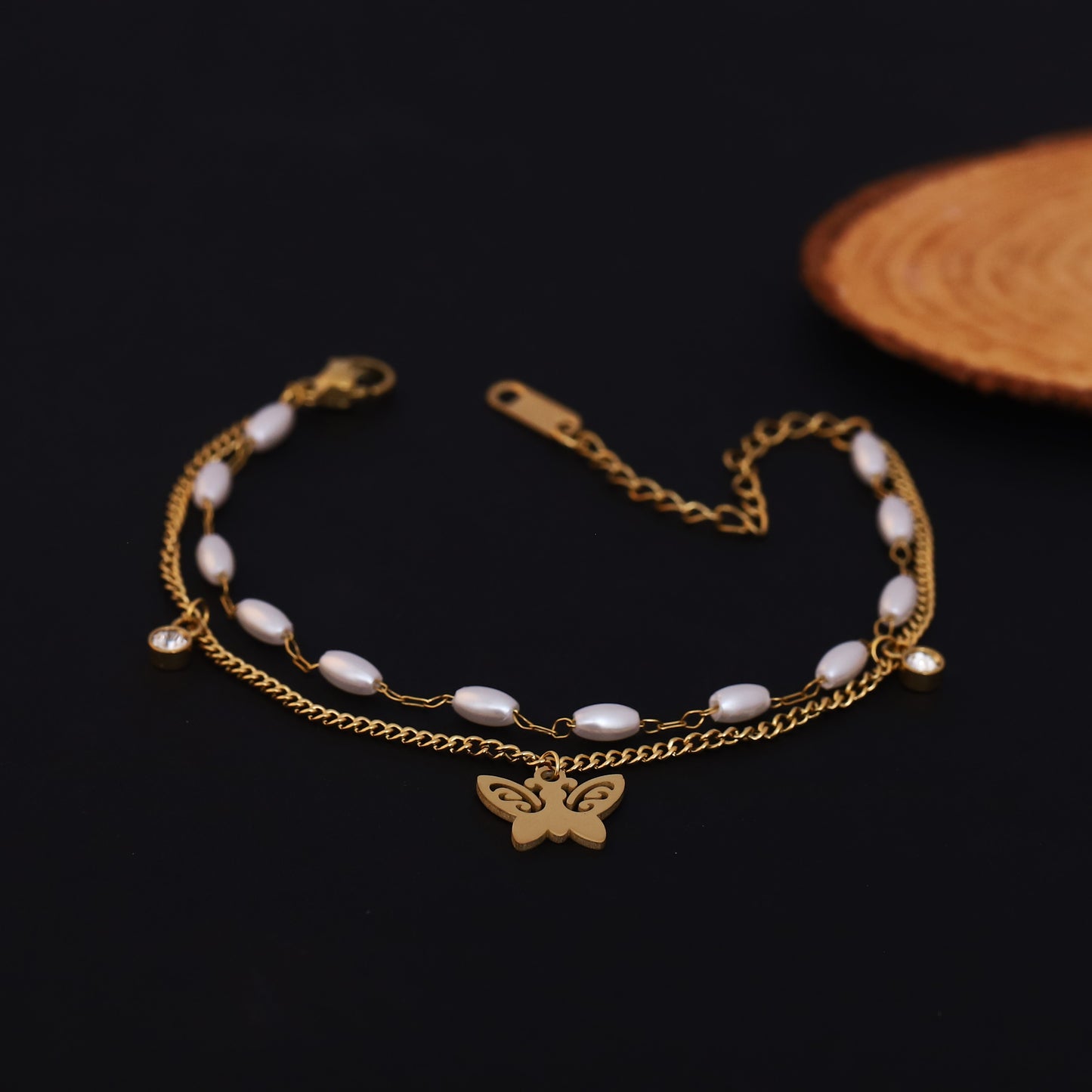 Gold Layered Butterfly, Pearl & Crystal Bracelet - Elegant Dainty Jewelry
