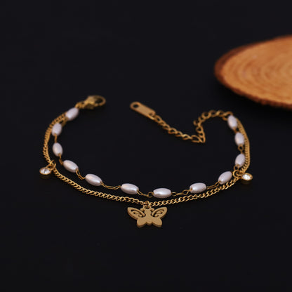 Gold Layered Butterfly, Pearl & Crystal Bracelet - Elegant Dainty Jewelry