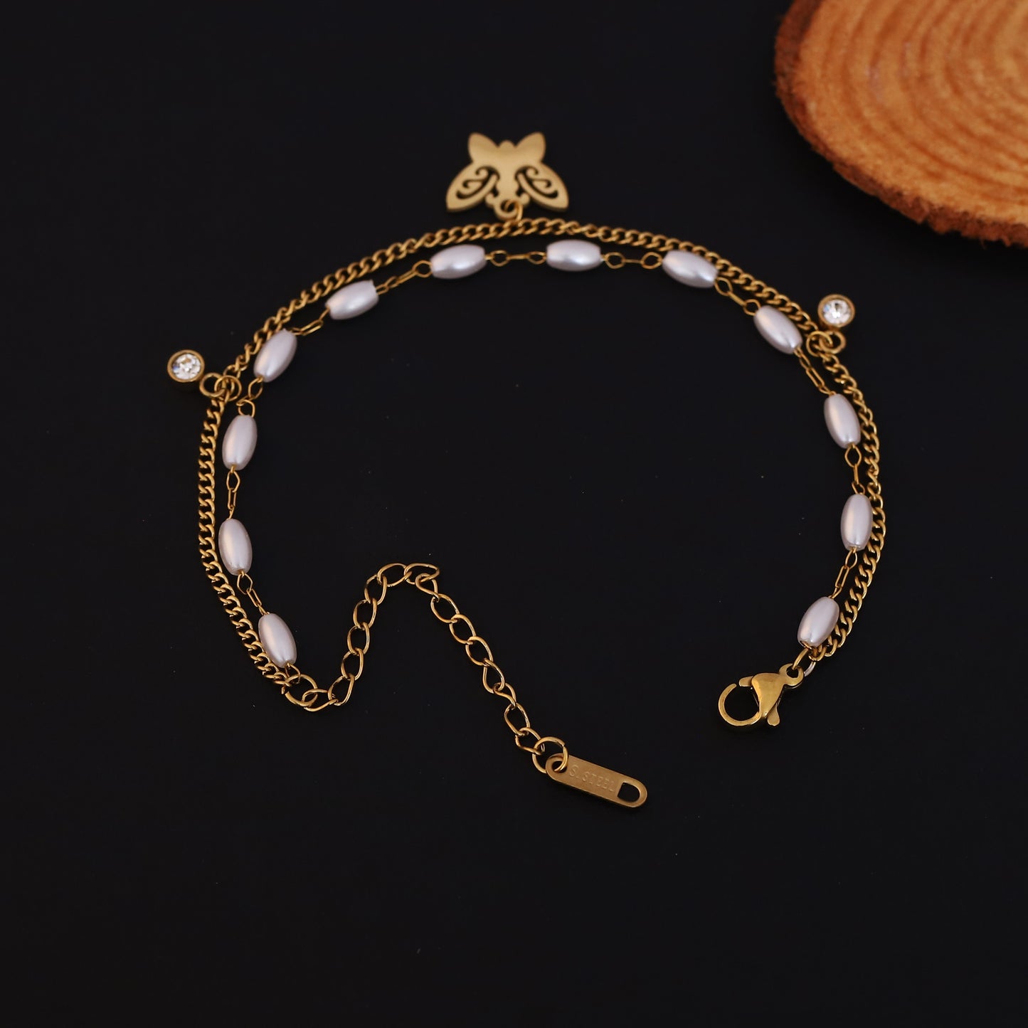 Gold Layered Butterfly, Pearl & Crystal Bracelet - Elegant Dainty Jewelry