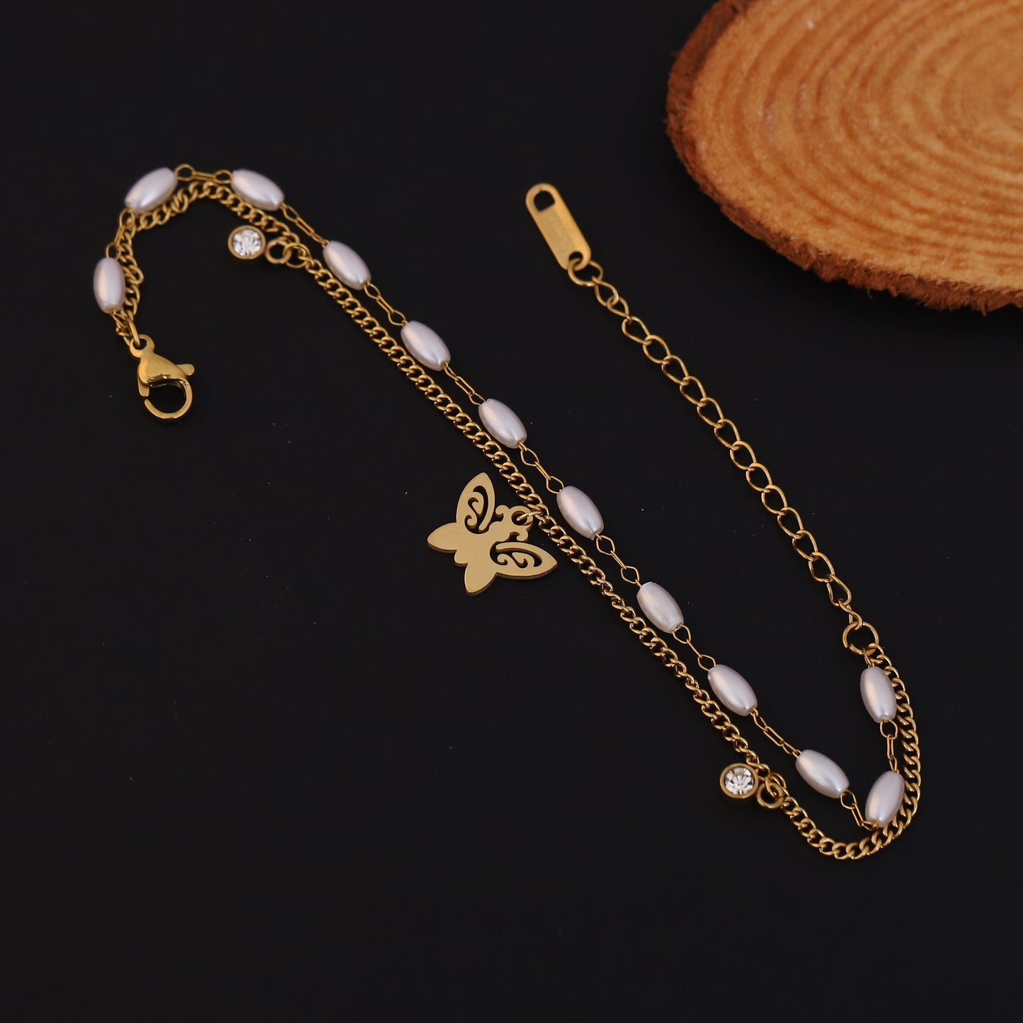 Gold Layered Butterfly, Pearl & Crystal Bracelet - Elegant Dainty Jewelry