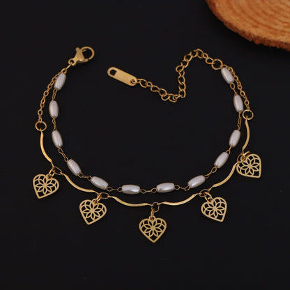 Gold Layered Heart & Pearl Bracelet - Elegant Dainty Charm Jewelry