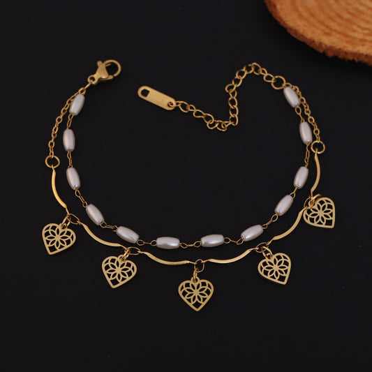 Gold Layered Heart & Pearl Bracelet - Elegant Dainty Charm Jewelry