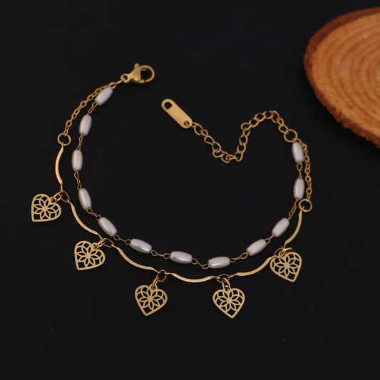 Gold Layered Heart & Pearl Bracelet - Elegant Dainty Charm Jewelry