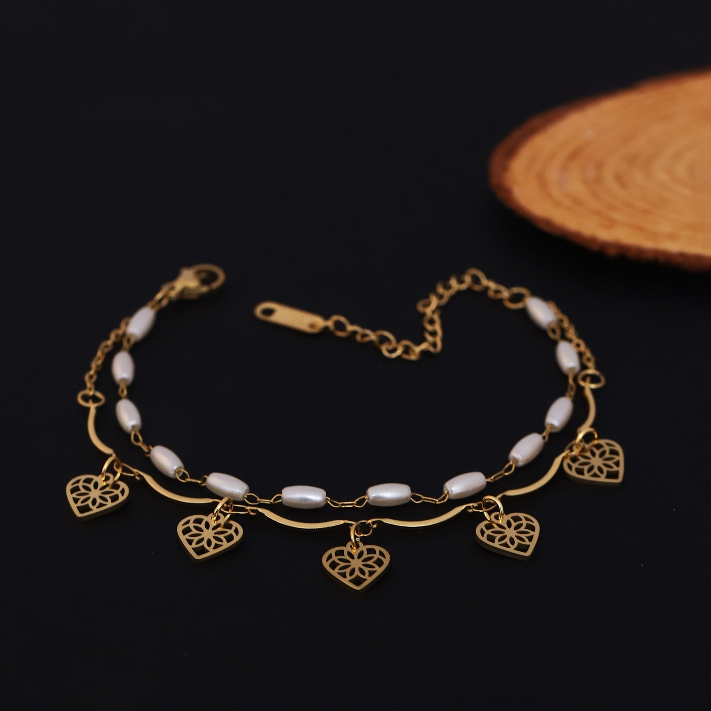 Gold Layered Heart & Pearl Bracelet - Elegant Dainty Charm Jewelry