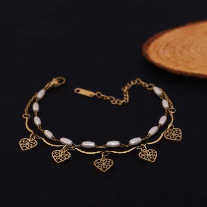 Gold Layered Heart & Pearl Bracelet - Elegant Dainty Charm Jewelry