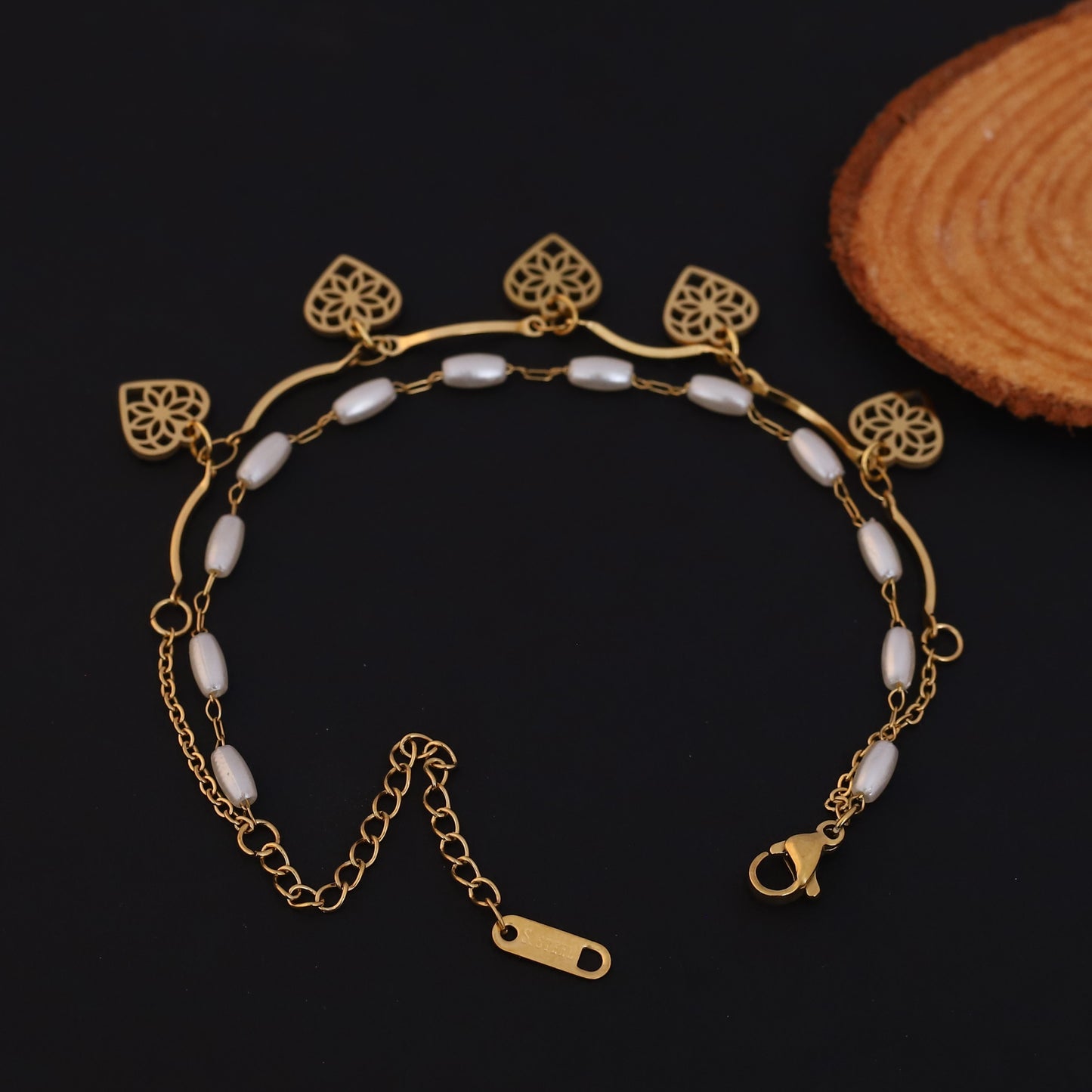 Gold Layered Heart & Pearl Bracelet - Elegant Dainty Charm Jewelry