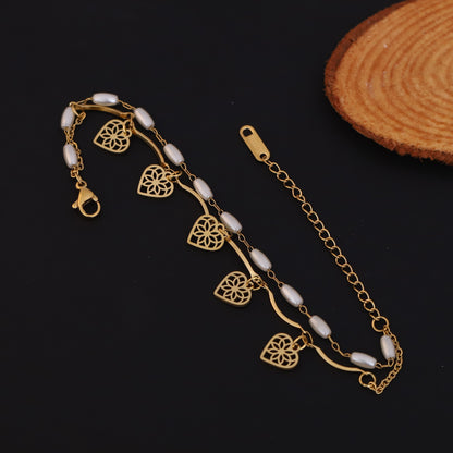 Gold Layered Heart & Pearl Bracelet - Elegant Dainty Charm Jewelry