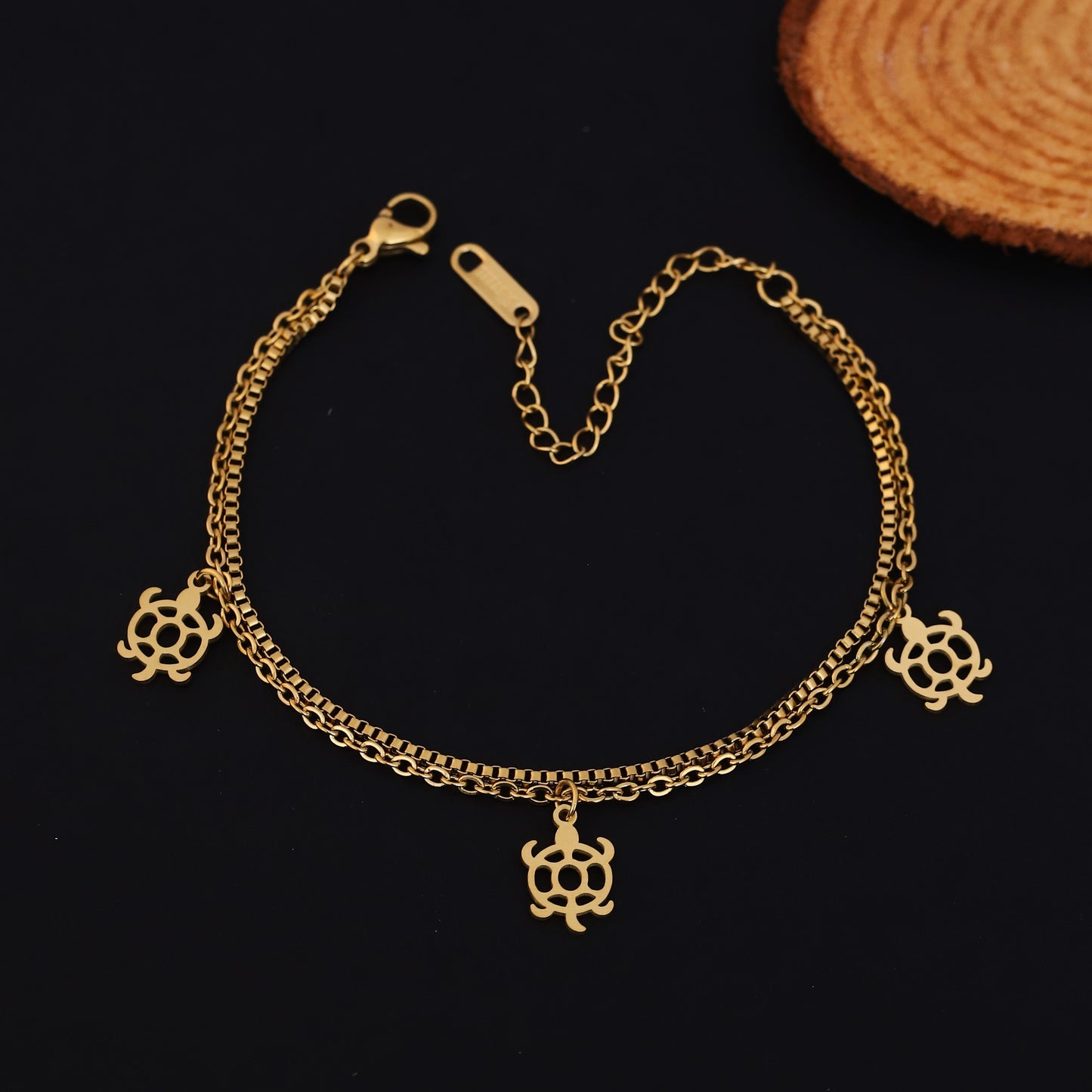 Gold Turtle Charm Bracelet - Stainless Steel Double Layer Chain Jewelry