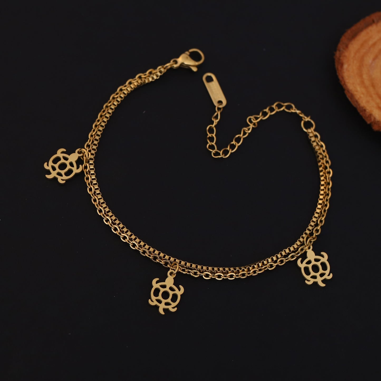 Gold Turtle Charm Bracelet - Stainless Steel Double Layer Chain Jewelry