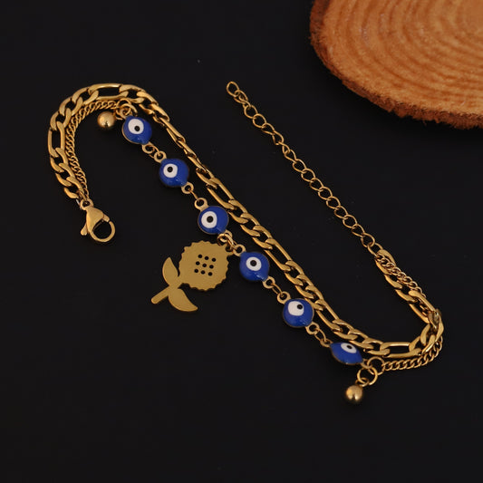 Evil Eye and Sunflower Bracelet - Gold Layered Chain with Blue Beads | Stainless Steel Jewelry